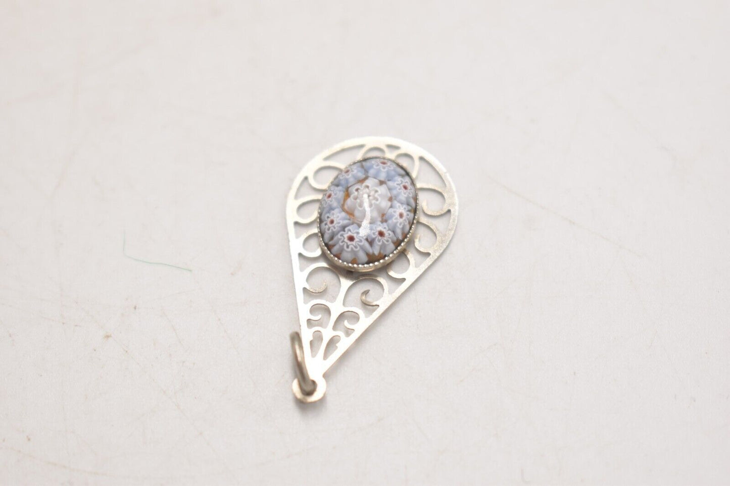 Vintage Millefiori Murano Glass and Silver Metal Teardrop Necklace Pendant