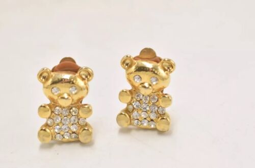 Vintage Diamante Teddy Bear Gold Tone Clip-On Earrings