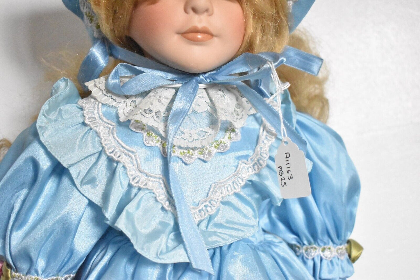 Vintage Porcelain Doll Blonde Hair, Blue Eyes and Blue Silk Dress Outfit