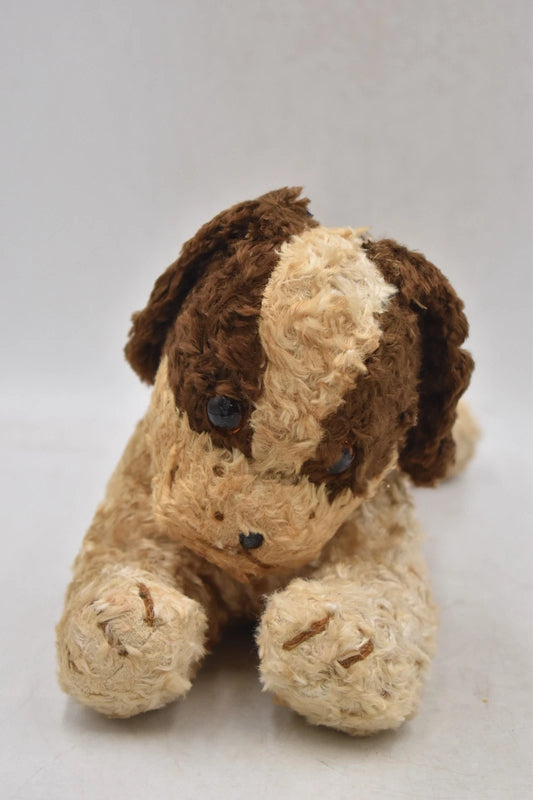 Vintage 1950s European Silk Plush Teddy Bear Dog 28cm Glass Eyes Squeaker Kapok