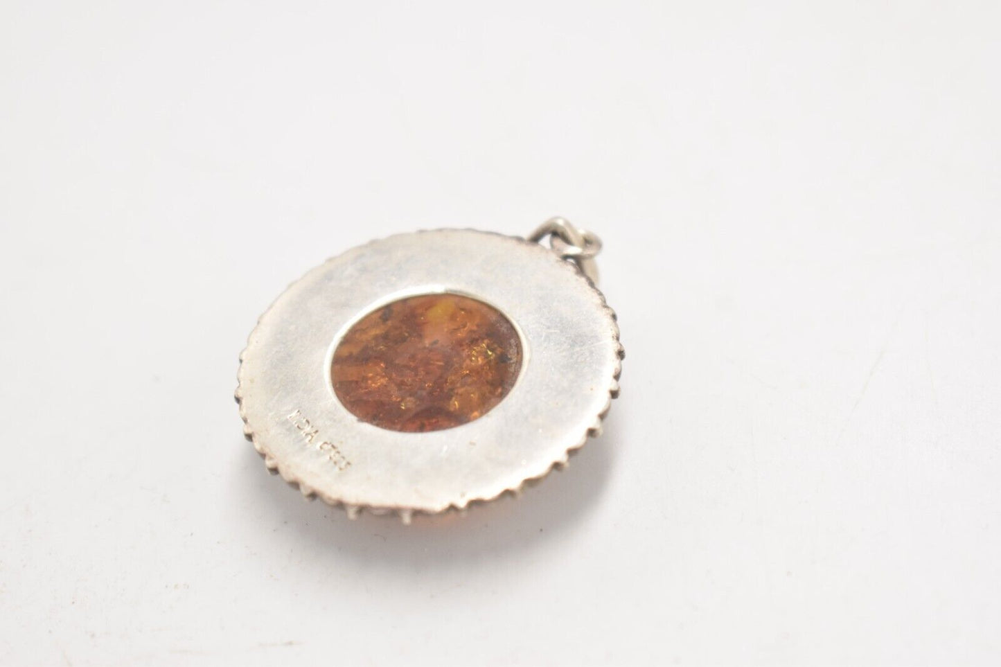 Vintage Sterling Silver 925 Amber Ornate Marcasite Necklace Pendant