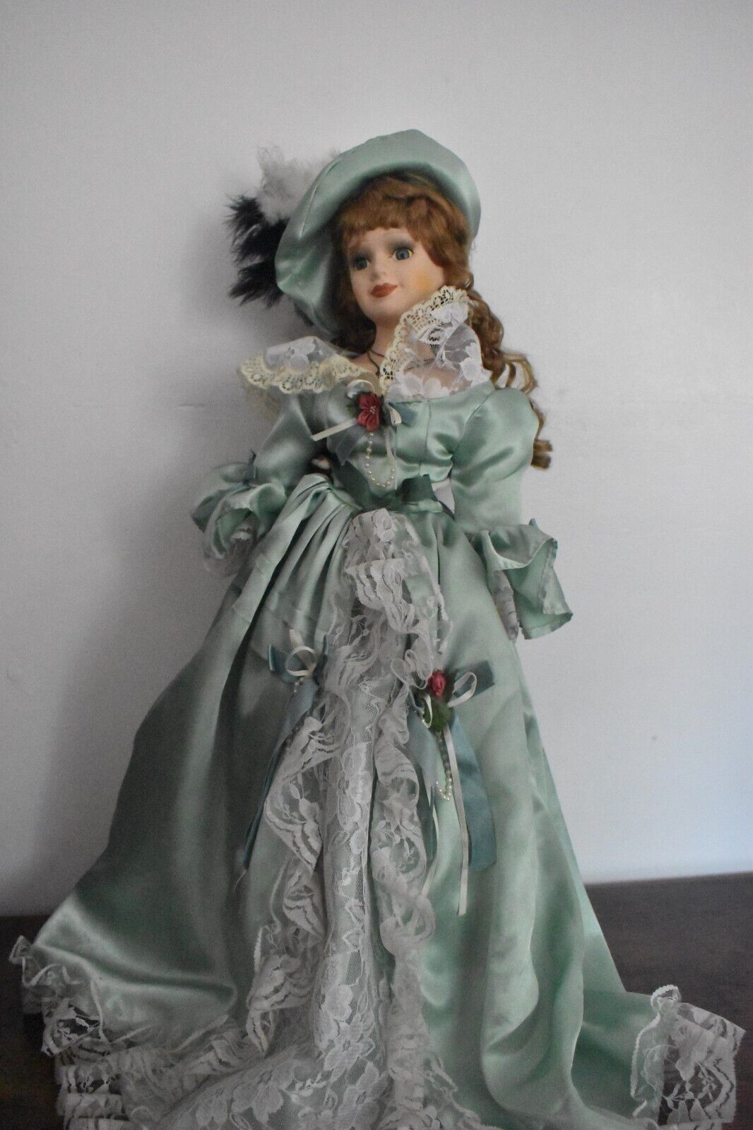 Vintage Large Porcelain Doll – 60cm Green Victorian Dress, Ginger Hair, Blue Eyes
