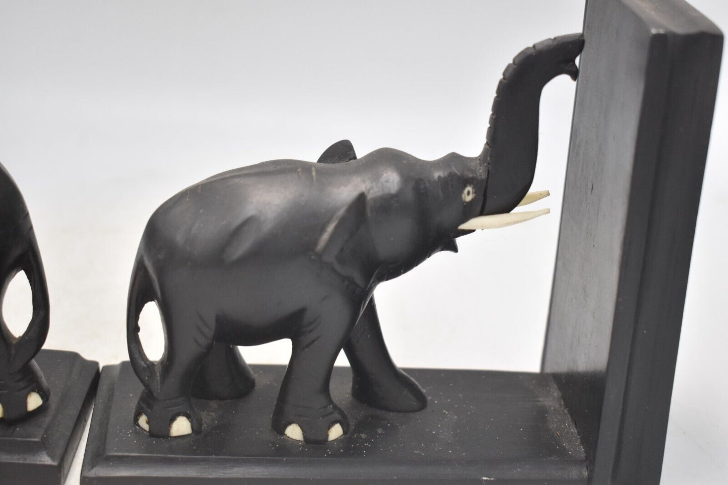 Vintage Hand-Carved Ebony Wooden Elephant Bookends Ceylonese 13cm