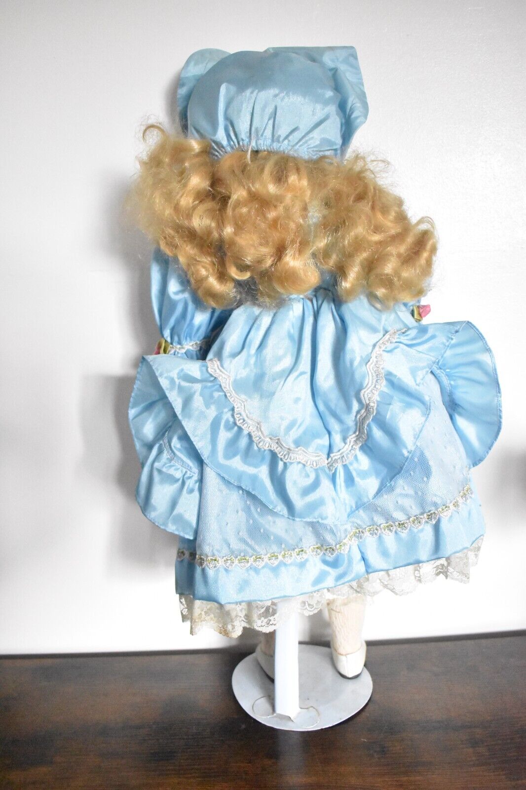 Vintage Porcelain Doll Blonde Hair, Blue Eyes and Blue Silk Dress Outfit