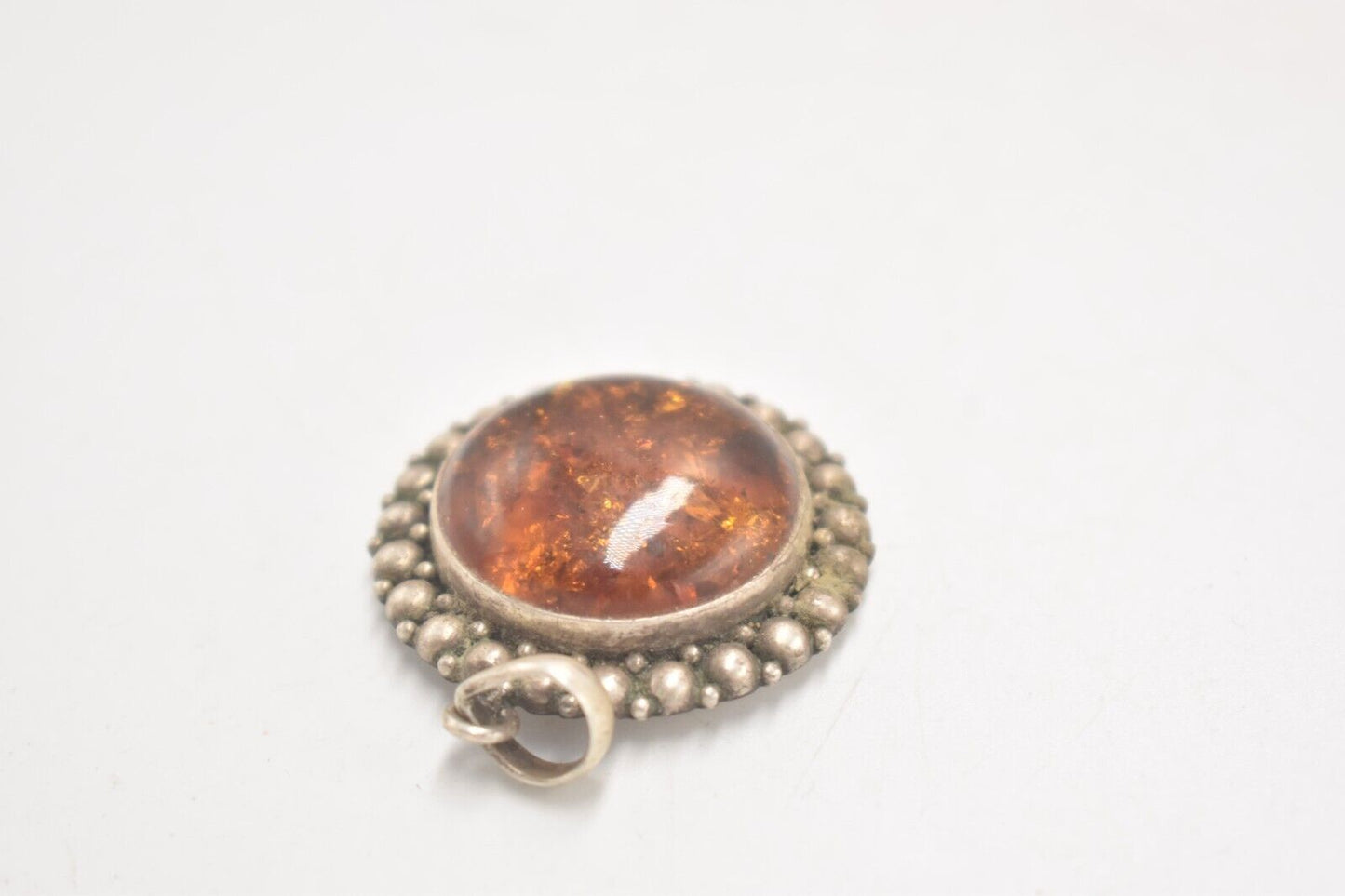 Vintage Sterling Silver 925 Amber Ornate Marcasite Necklace Pendant