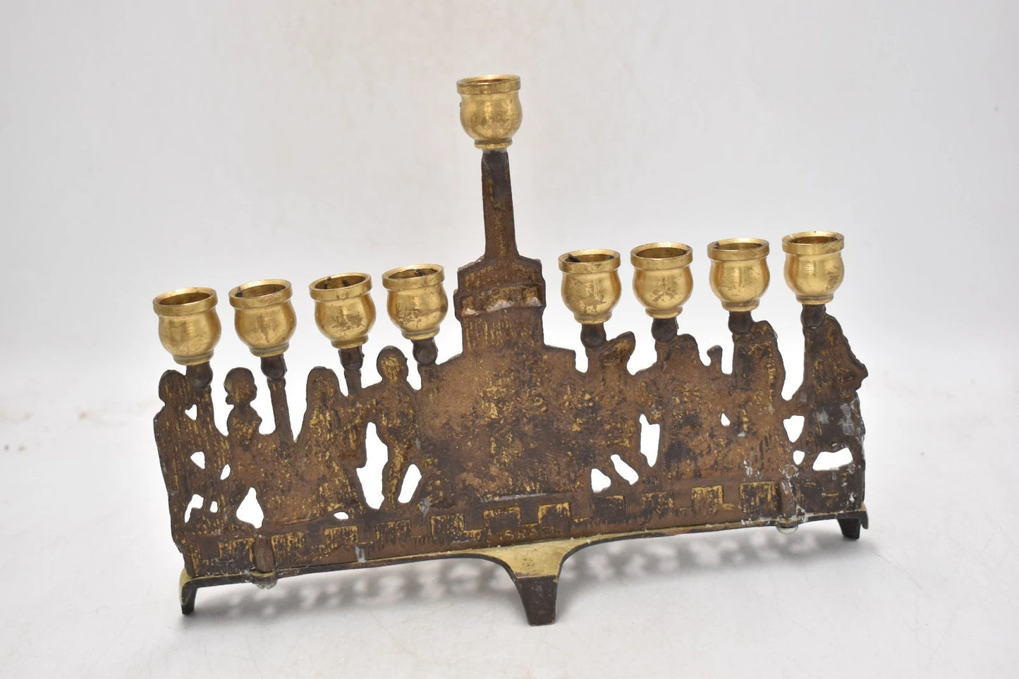 Antique Biblical Zionist Brass Hanukkah Menorah Lamp Judaica Candlestick