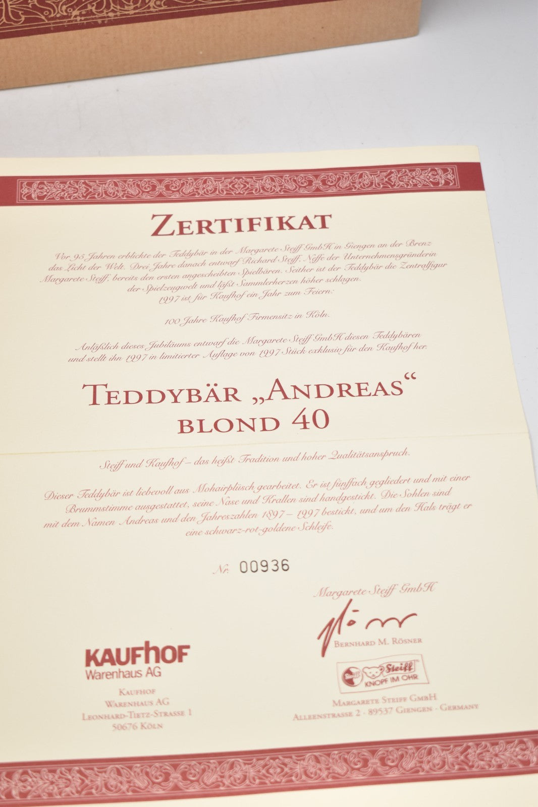 Steiff Andreas Commemorative Bear 1897-1997 655302 Limited Edition
