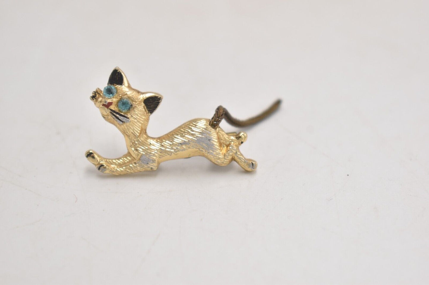 Vintage Cat Brooch Gold Tone with Topaz Blue Eyes - Costume Jewellery