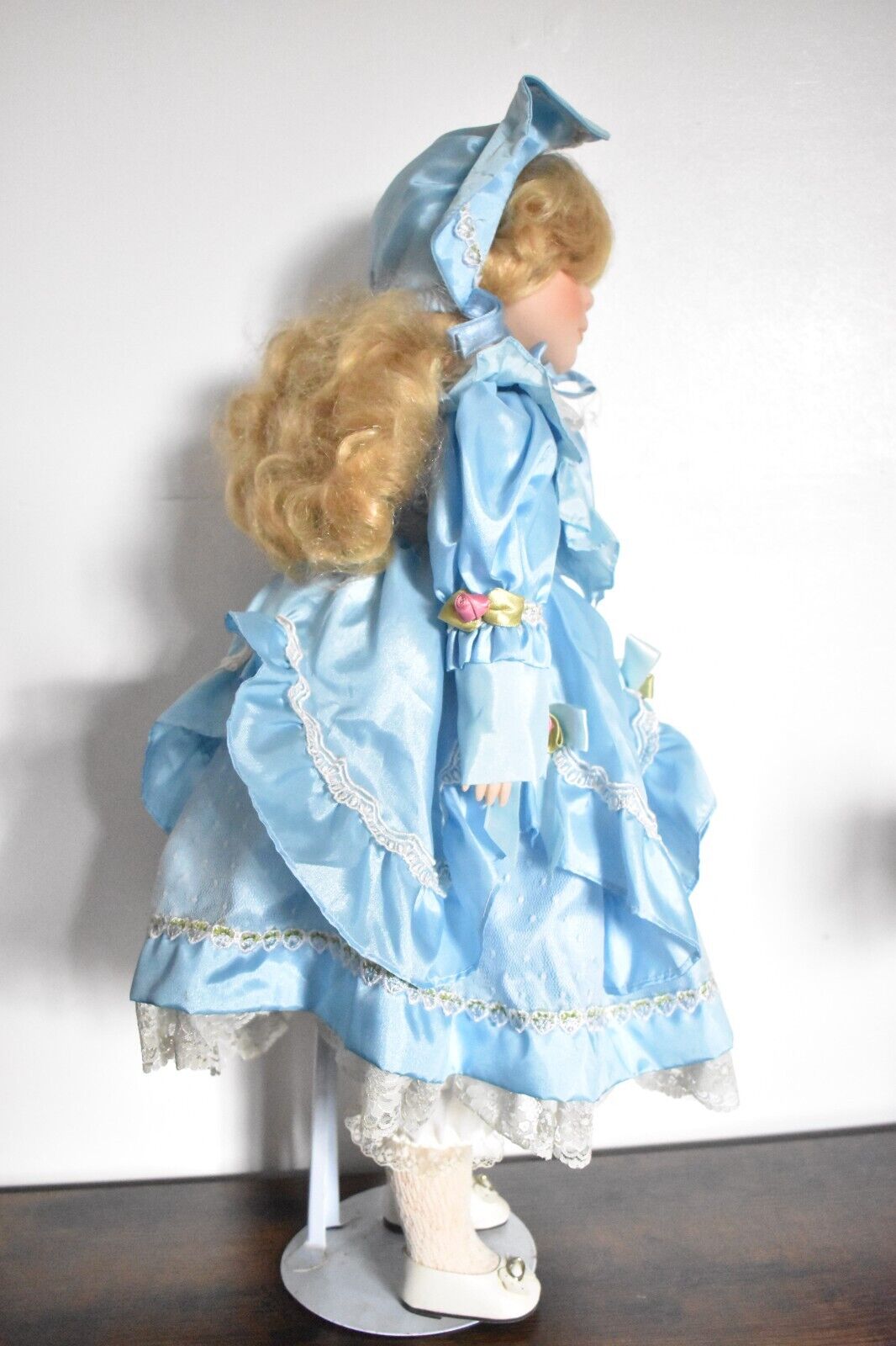 Vintage Porcelain Doll Blonde Hair, Blue Eyes and Blue Silk Dress Outfit