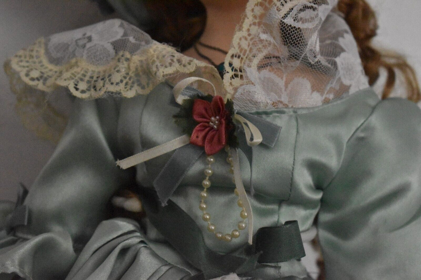 Vintage Large Porcelain Doll – 60cm Green Victorian Dress, Ginger Hair, Blue Eyes