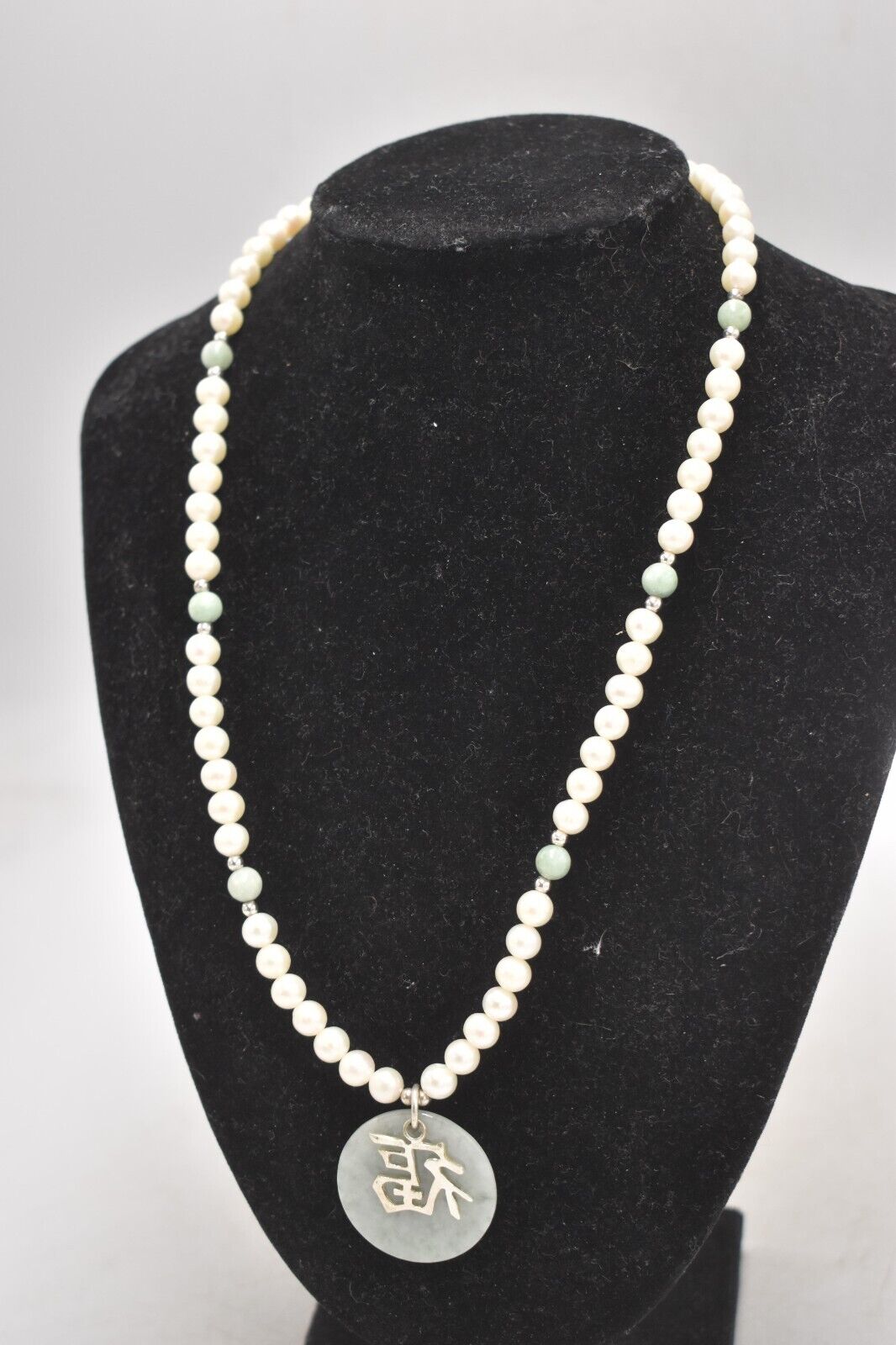 Vintage Sterling Silver 925 Green Jadeite & Faux Pearl Blessings Charm Necklace