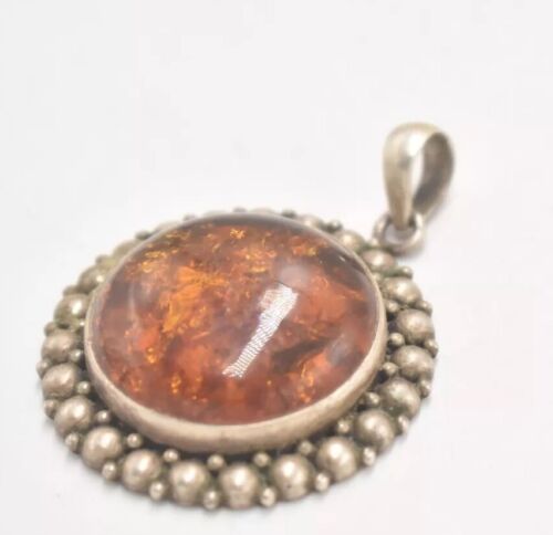 Vintage Sterling Silver 925 Amber Ornate Marcasite Necklace Pendant