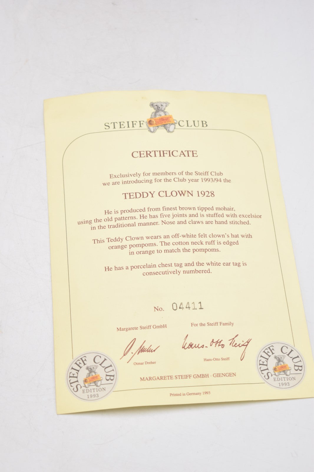 Steiff Teddy Clown Replica 1928 Club Edition Bear 420023 – Limited Edition