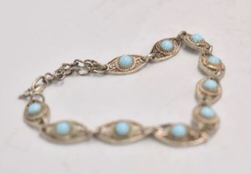 Vintage Silver Metal & Turquoise Boohoo Style Bracelet – 18cm