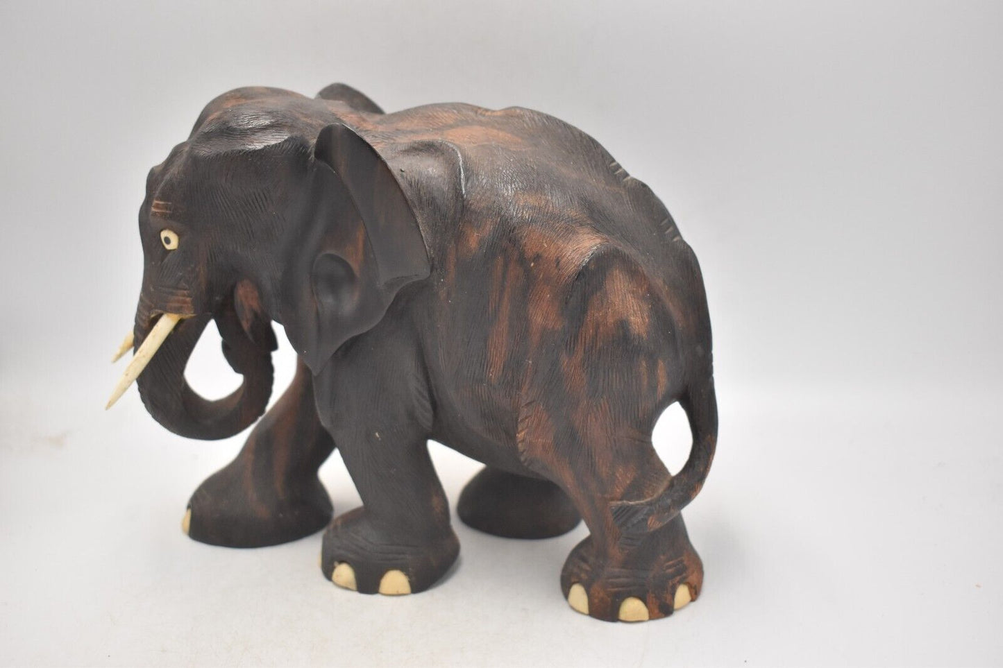 Antique Vintage Hand-Carved Wooden Elephant Statue Ceylon 17.5cm Figurine