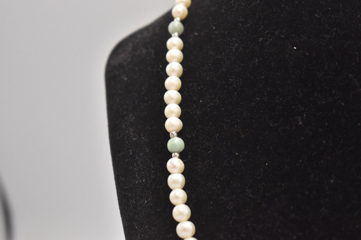 Vintage Sterling Silver 925 Green Jadeite & Faux Pearl Blessings Charm Necklace