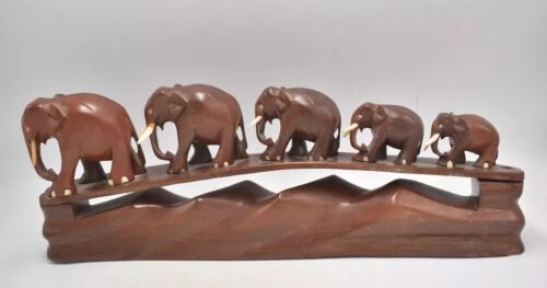 Vintage Teak Wooden Herd of 5 Elephants on a Bridge Figurines
