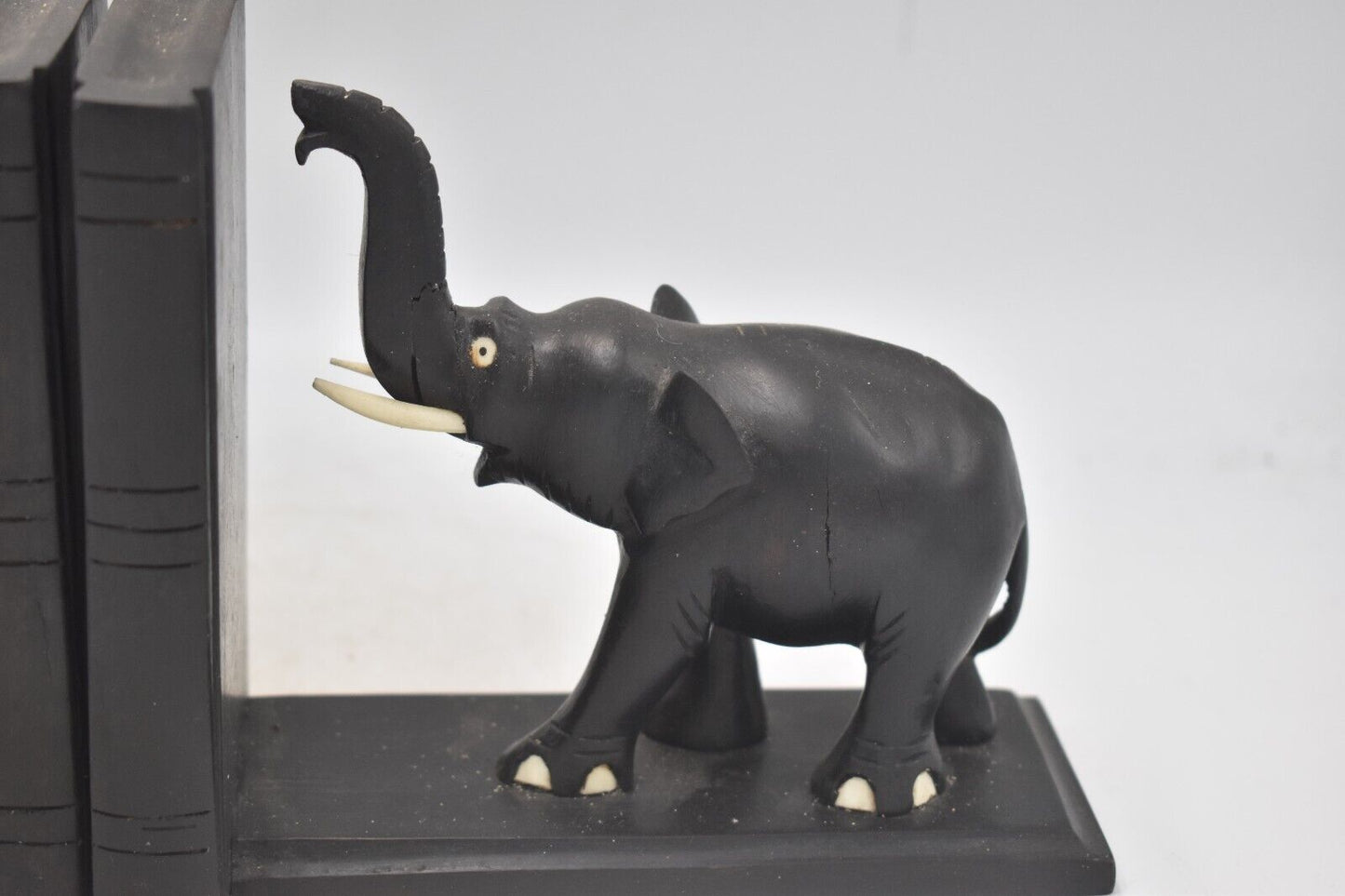 Vintage Hand-Carved Ebony Wooden Elephant Bookends Ceylonese 13cm