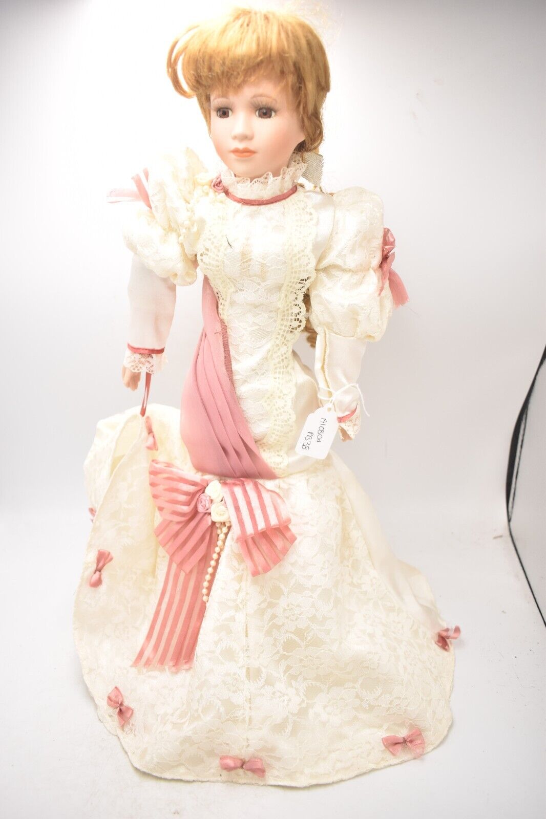 Vintage Porcelain Doll – Blonde Hair, Brown Eyes, Regency Cream Dress – 45cm