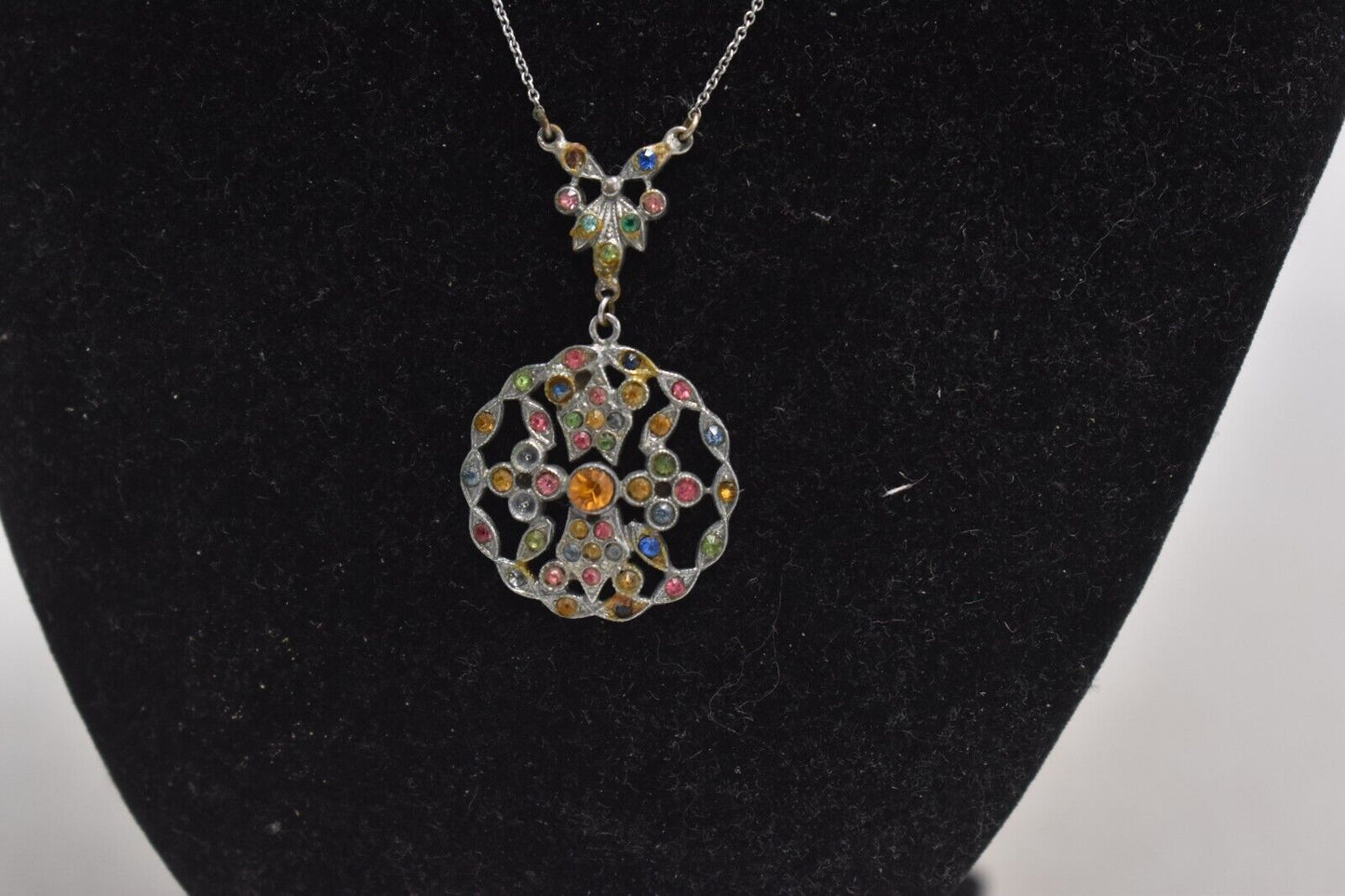Vintage Silver Metal Rainbow Rhinestone Pendant Necklace