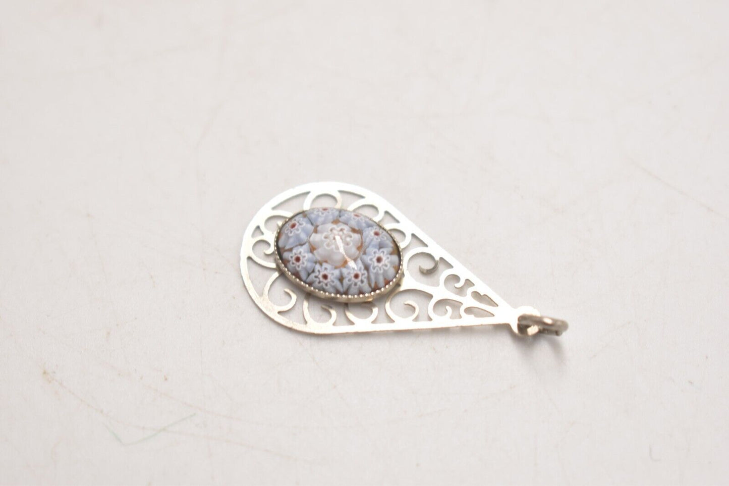 Vintage Millefiori Murano Glass and Silver Metal Teardrop Necklace Pendant
