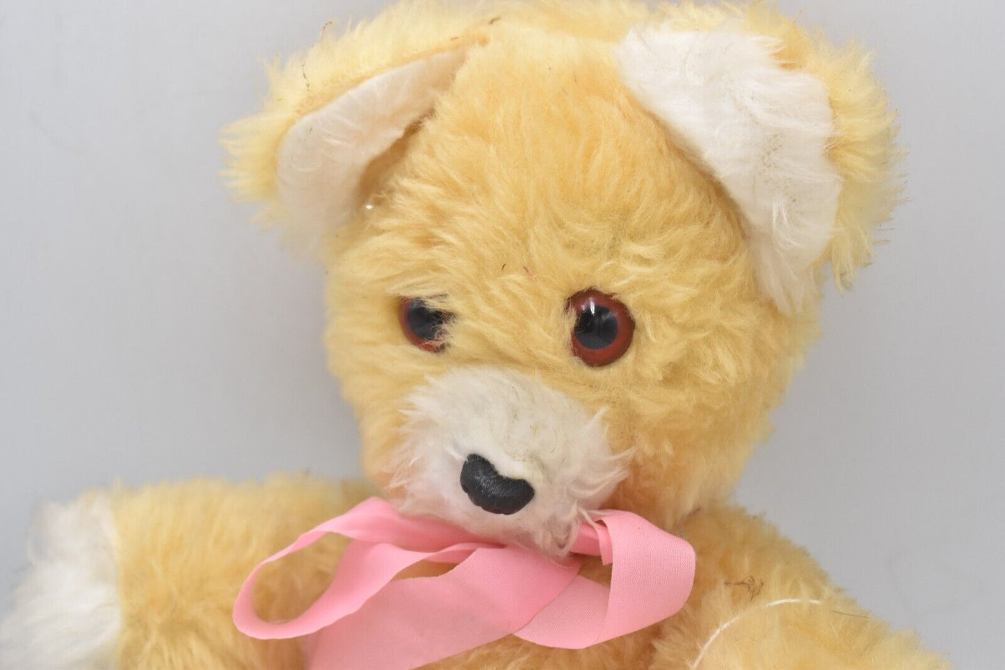 Vintage 1970s Plush Teddy Bear Soft Toy with Pink Bow