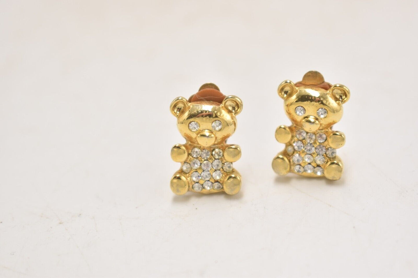 Vintage Diamante Teddy Bear Gold Tone Clip-On Earrings