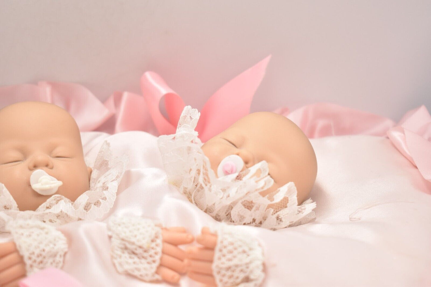 Vintage Life Like Twin Baby Dolls on Heart Pillow – 50cm x 35cm