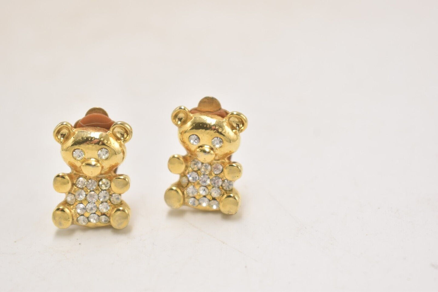 Vintage Diamante Teddy Bear Gold Tone Clip-On Earrings