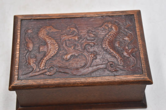 Antique Chinese Hand Carved Rosewood Seahorse Motif Trinket Storage Box 15cm