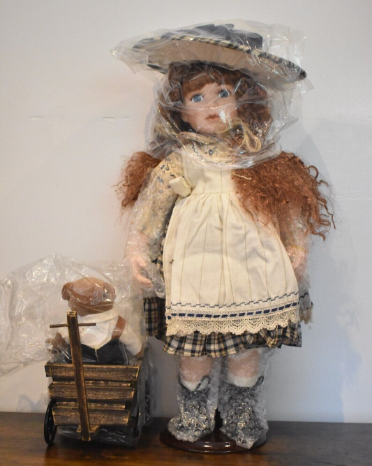 Vintage NIGC Porcelain Doll Ginger Hair, Blue Eyes and Gingham Dress