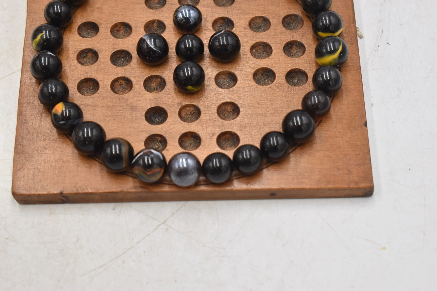 Antique Solitaire Wooden Board with Antique Hand Made Glass Marbles