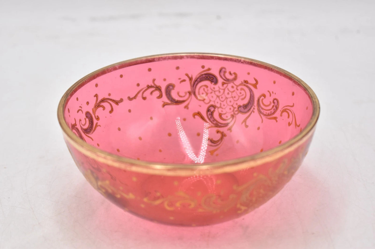 Antique Cranberry Pink Glass Bowl with Gold Gilt Douglas Marked 12.5cm