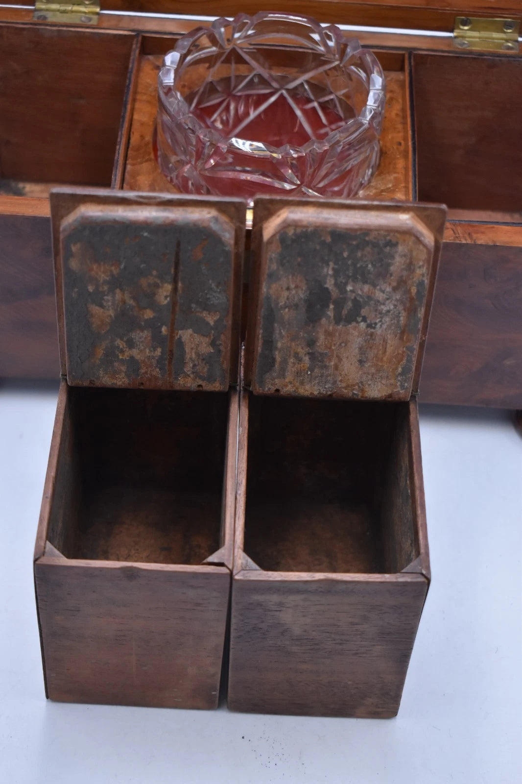 Antique Georgian Burr Walnut Tea Caddy with Silver Scallop Spoon