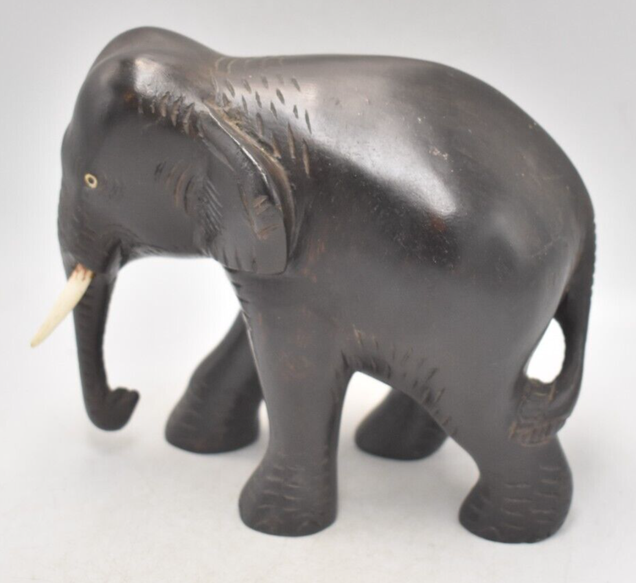 Vintage 1940s Hand-Carved Wooden Elephant Statue Figurine Rangoon 14.5cm