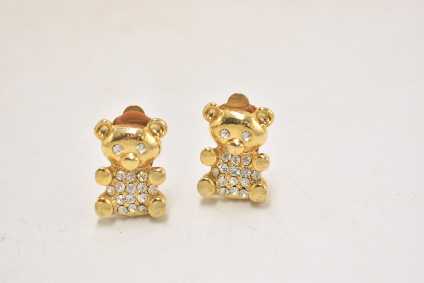 Vintage Diamante Teddy Bear Gold Tone Clip-On Earrings