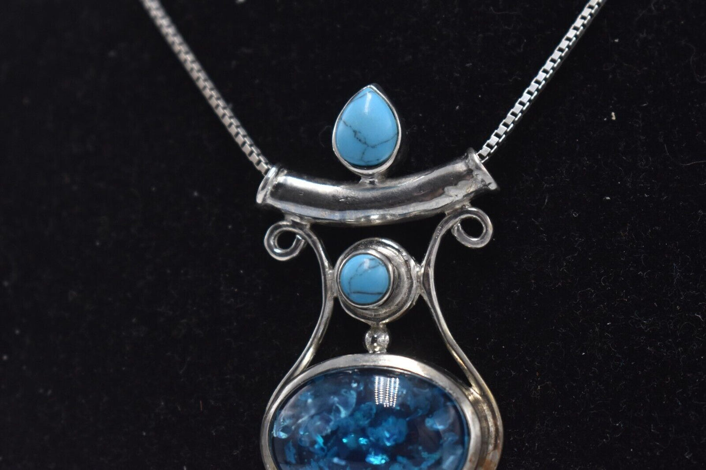 Vintage Bohemian 925 Sterling Silver Crackle Quartz & Turquoise Pendant Necklace