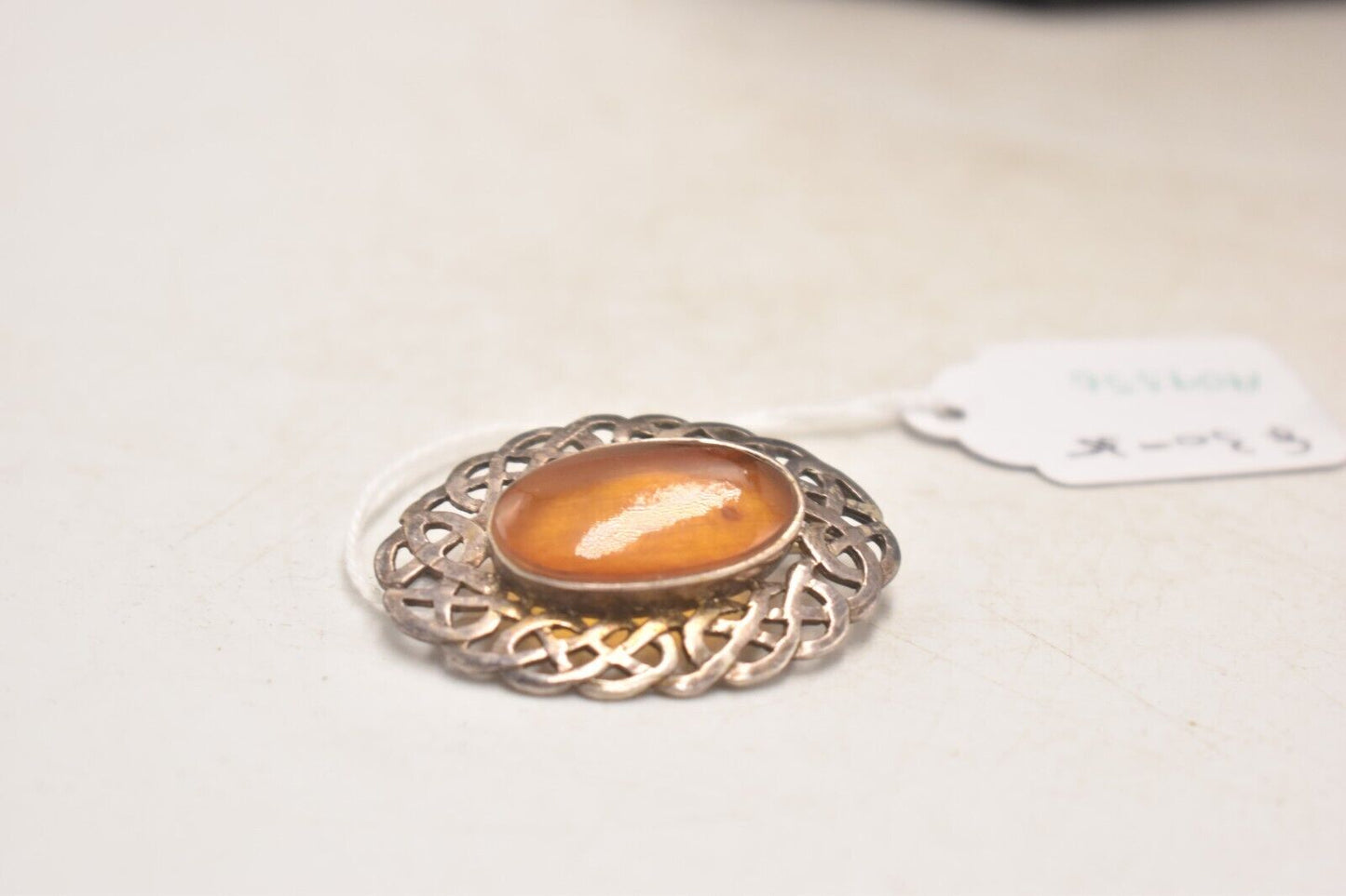 Vintage Celtic Oval Baltic Amber Brooch – Silver-Coloured Setting