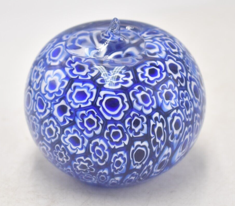 Vintage Italian Millefiori Blue Apple Paperweight – Studio Art Glass Decorative