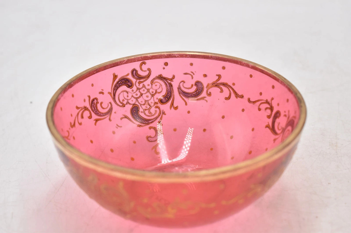Antique Cranberry Pink Glass Bowl with Gold Gilt Douglas Marked 12.5cm
