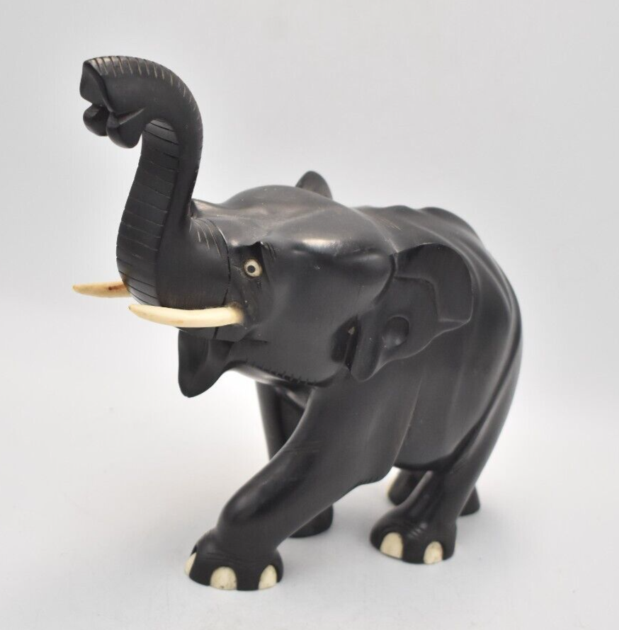 Antique Vintage Black Ebony Wood Elephant Statue – Hand-Carved Figurine – 1.4KG