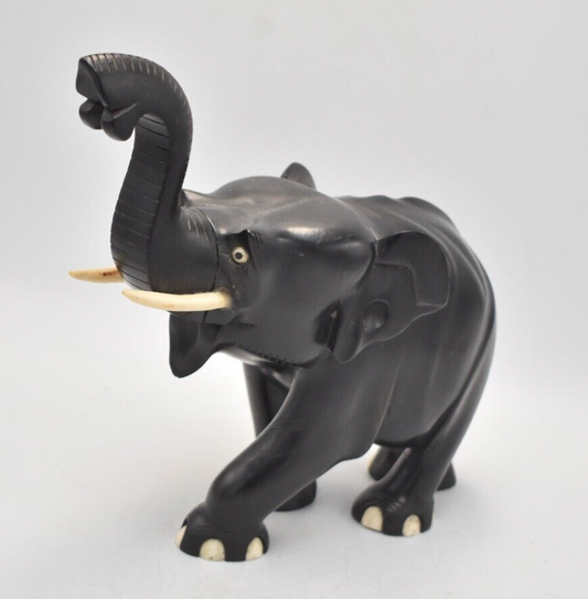 Antique Vintage Black Ebony Wood Elephant Statue – Hand-Carved Figurine – 1.4KG