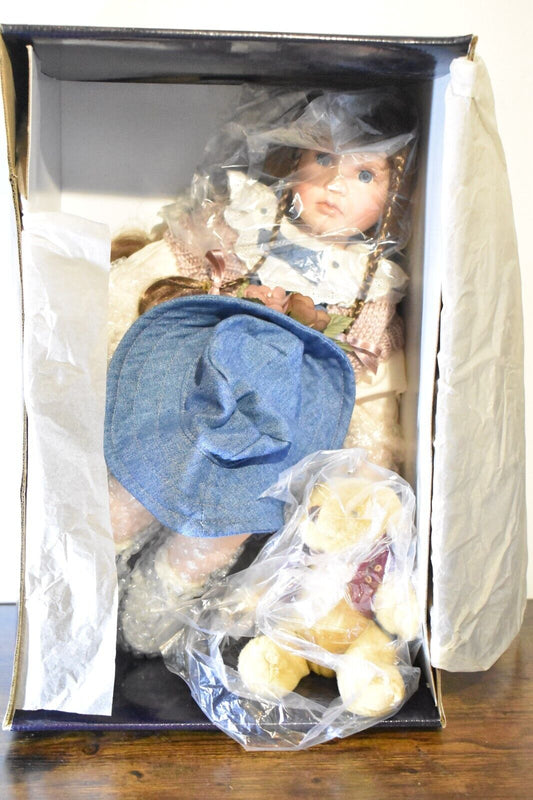 Vintage NIGC Porcelain Doll – Brown Hair, Blue Eyes, Dungarees Outfit, Boxed