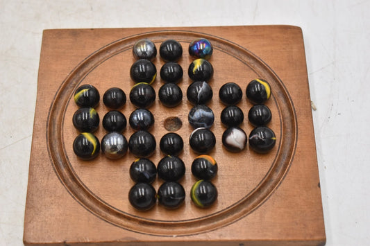 Antique Solitaire Wooden Board with Antique Hand Made Glass Marbles