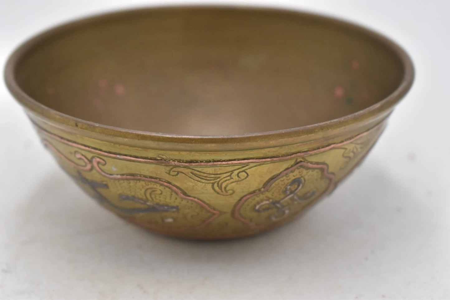 Antique Middle Eastern Arabic Brass Bowl Copper Inlay Calligraphy