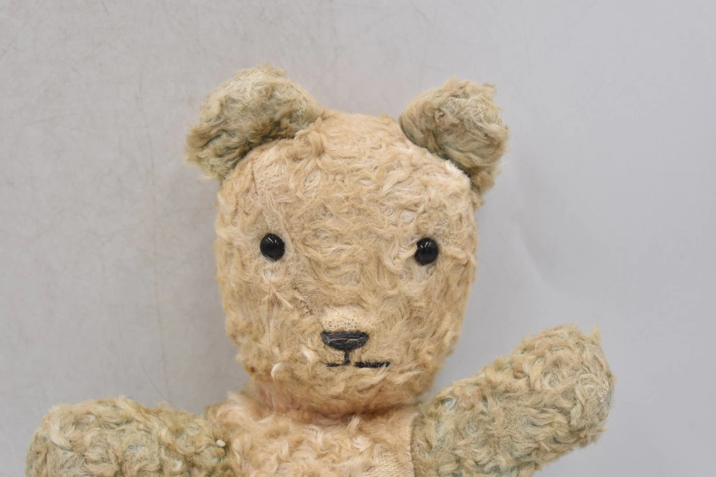 Vintage 1950s English Teddy Bear Blue White Plush Silk Ears Rattle 22cm
