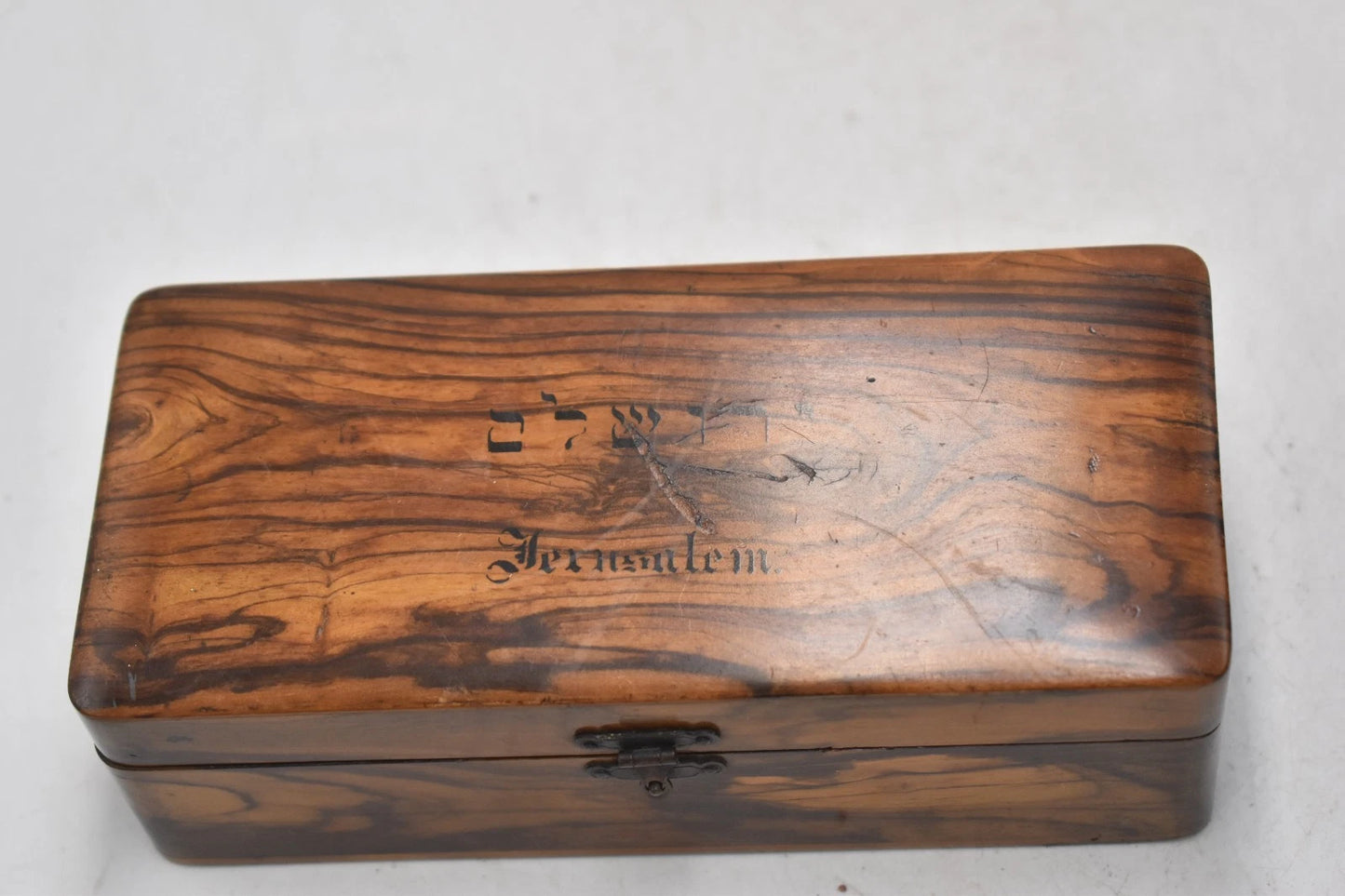 Antique Edwardian Olive Wood Rosary Box Holy Land Jerusalem 16.5cm