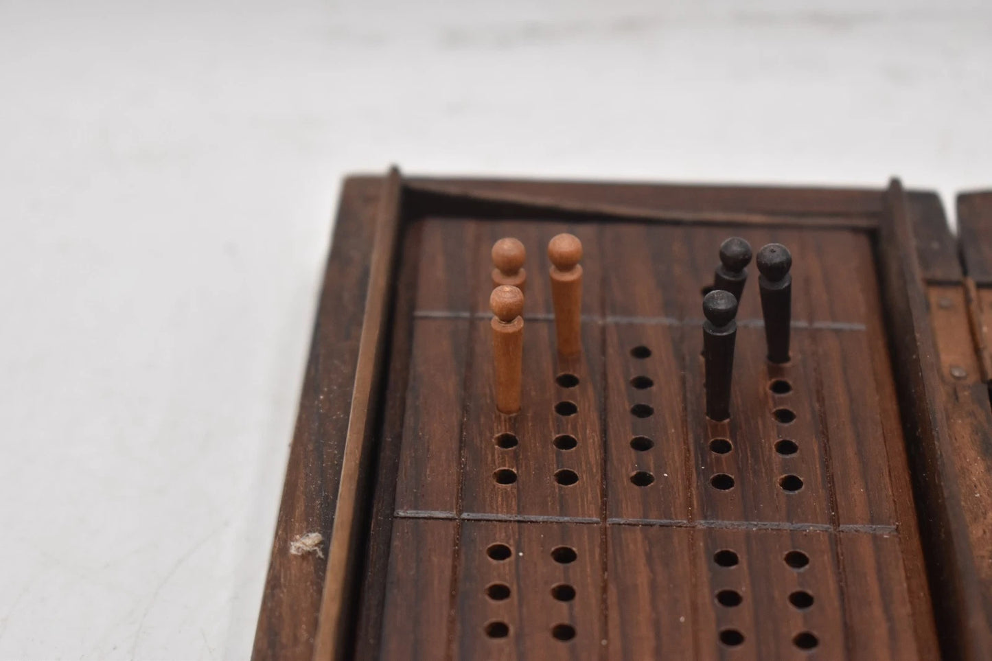 Antique Hand Carved Hardwood Cribbage Board with Storage Box