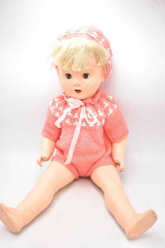 Vintage Large Early Composition Doll - 52cm, Sleepy Eyes, Teeth, Knitted Outfit