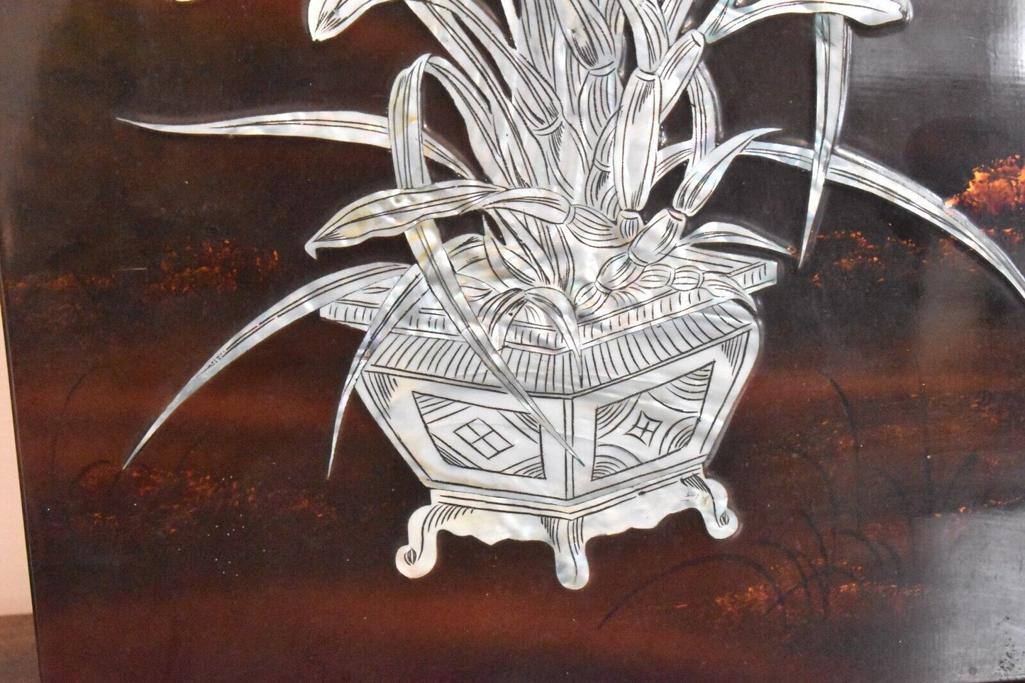 Vintage Chinese Hardwood Wall Plaque Mother of Pearl Inlay Summer Theme
